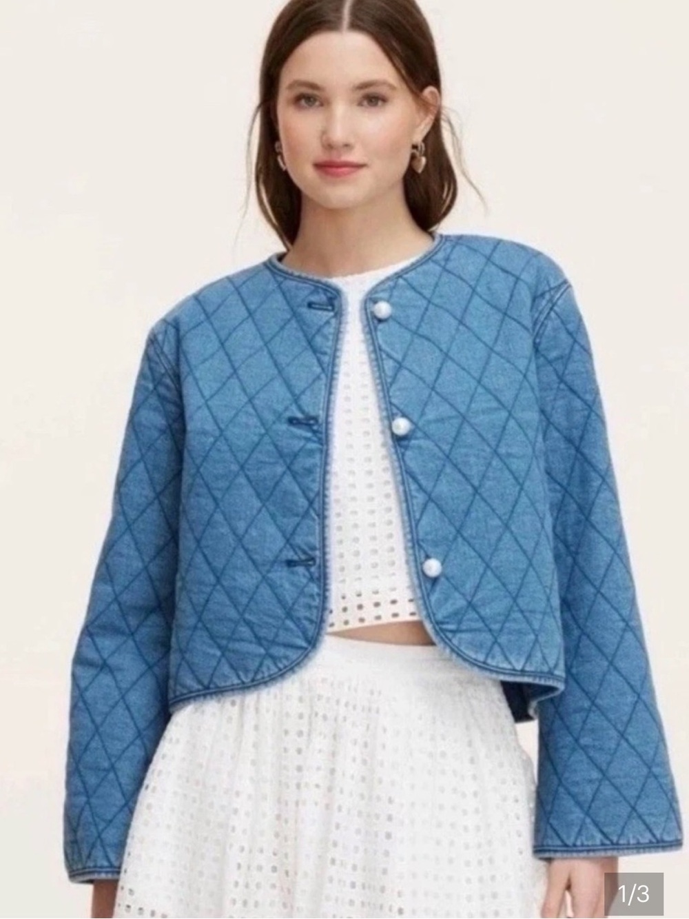Kate Spade x Target Blue Quilted Cropped Jacket Large pearl buttons